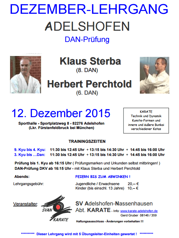 Ausschreibung Jahresabschlusslehrgang mit Klaus Sterba und Herbert Perchtold in Adelshofen